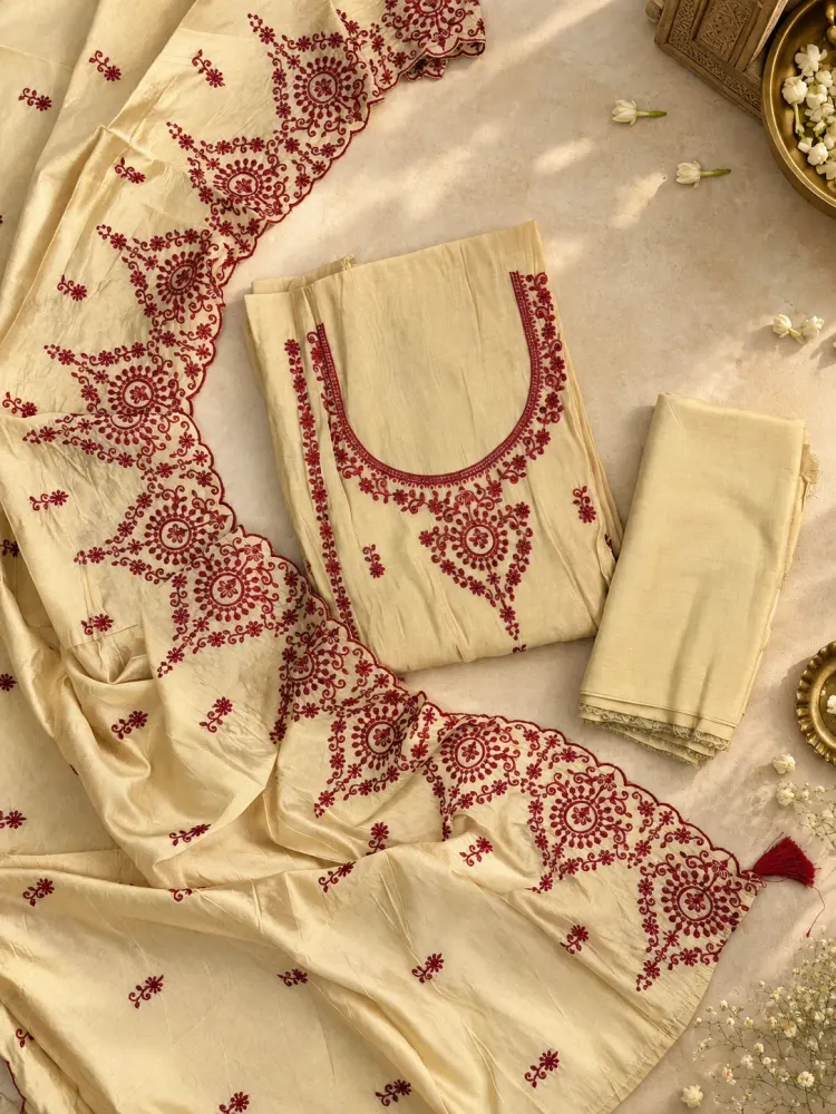 Ivory Maroon Cotton Unstitched Suit-0