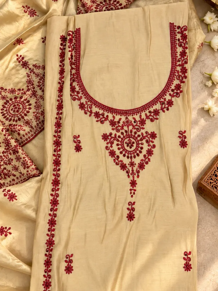 Ivory Maroon Cotton Unstitched Suit-1