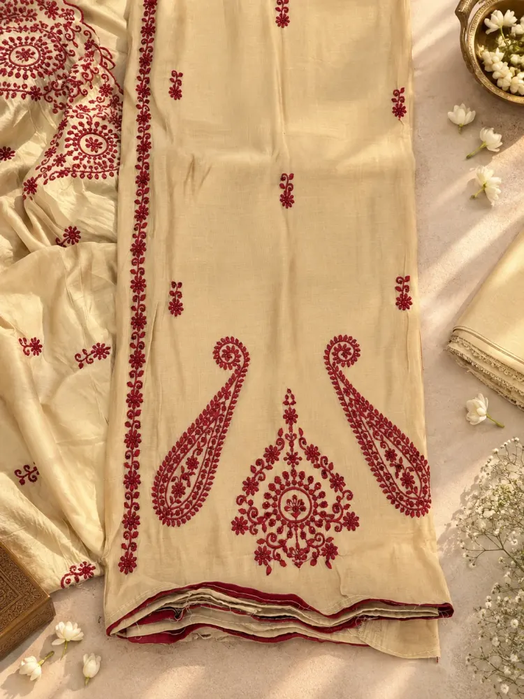 Ivory Maroon Cotton Unstitched Suit-2