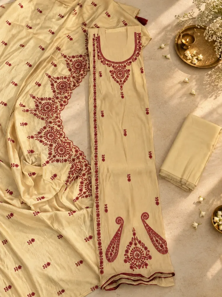 Ivory Maroon Cotton Unstitched Suit-3