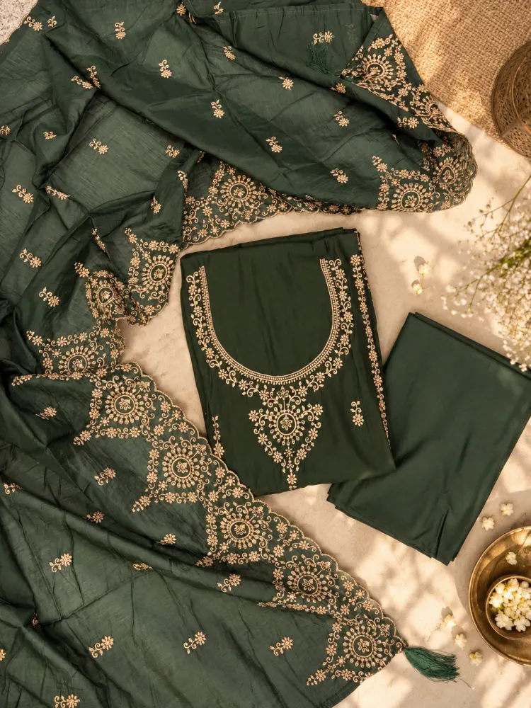 Deep Olive Embroidered Cotton Unstitched Suit-0