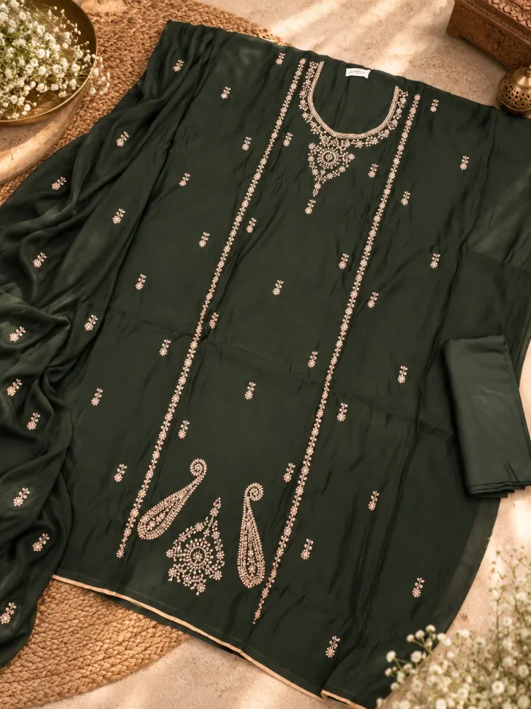Deep Olive Embroidered Cotton Unstitched Suit-1