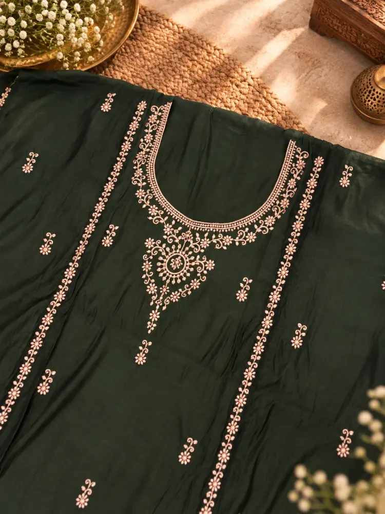 Deep Olive Embroidered Cotton Unstitched Suit-2