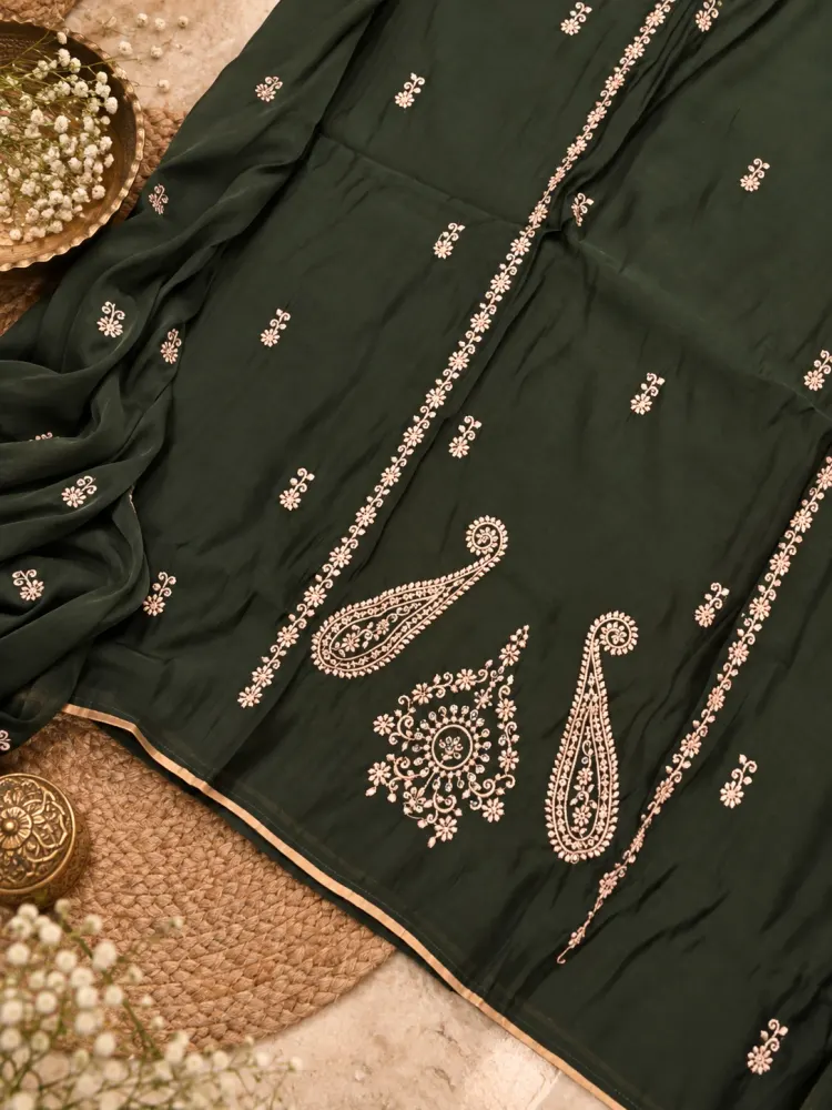 Deep Olive Embroidered Cotton Unstitched Suit-3