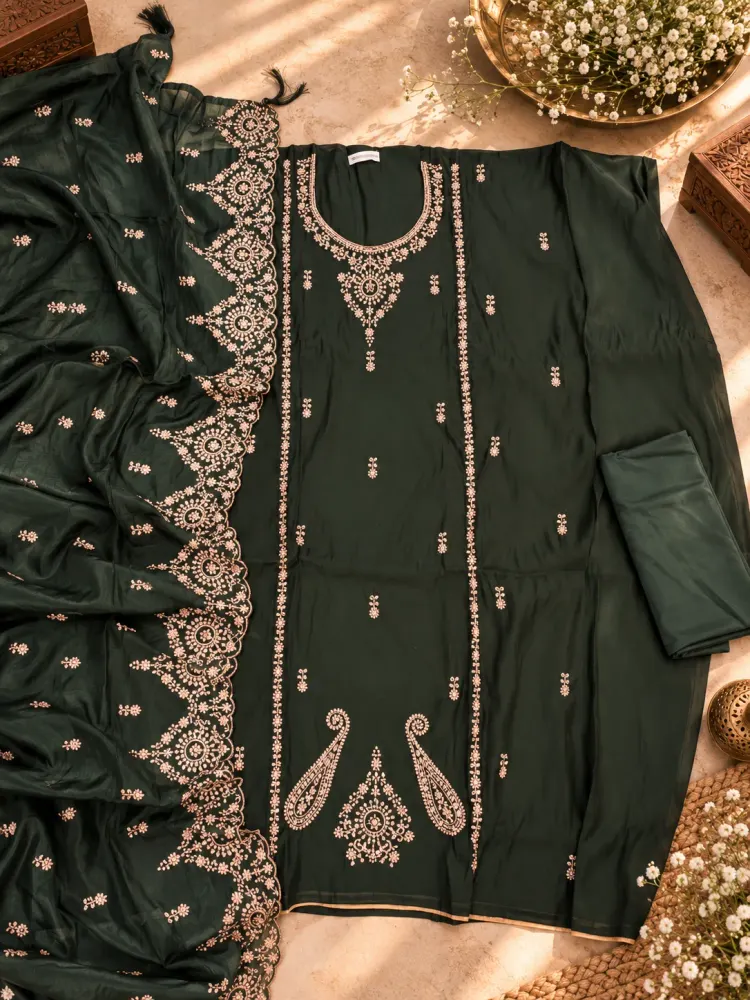 Deep Olive Embroidered Cotton Unstitched Suit-4