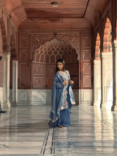 Steel Blue Embroidered Kurta Set with Sharara & Cape Dupatta (Set of 3) - collection image