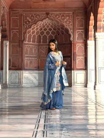 Royal Blue Heavy Embroidered Designer Kurta Sharara Set with Shrug Dupatta - collection image