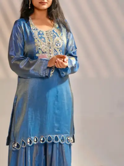 STEEL BLUE EMBROIDERED KURTA SET WITH SHARARA & CAPE DUPATTA (SET OF 3) - 2