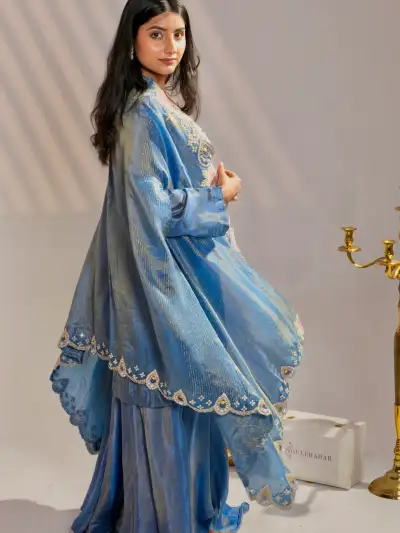 Royal Blue Heavy Embroidered Designer Kurta Sharara Set with Shrug Dupatta - 3