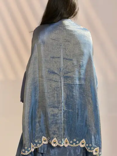 Royal Blue Heavy Embroidered Designer Kurta Sharara Set with Shrug Dupatta - 5