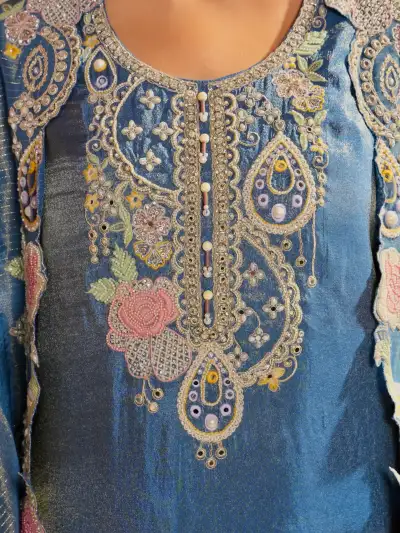 Royal Blue Heavy Embroidered Designer Kurta Sharara Set with Shrug Dupatta - 6