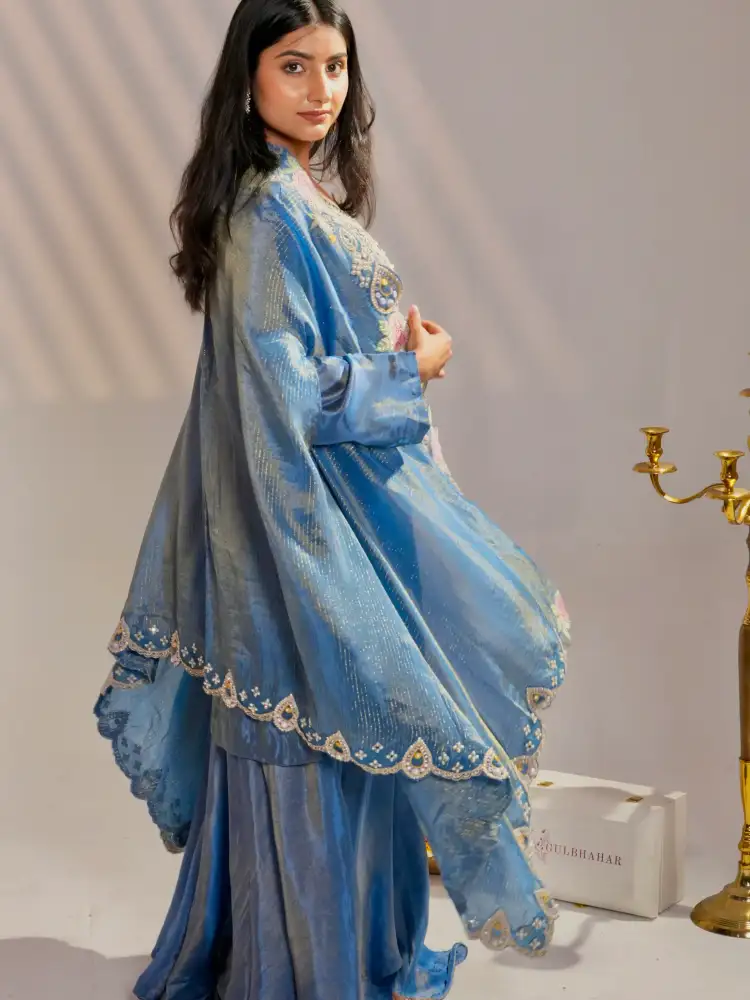 Royal Blue Heavy Embroidered Designer Kurta Sharara Set with Shrug Dupatta thumbnail 3