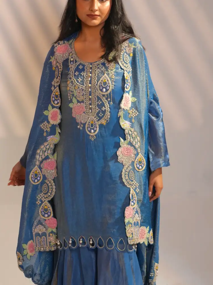 Royal Blue Heavy Embroidered Designer Kurta Sharara Set with Shrug Dupatta thumbnail 4