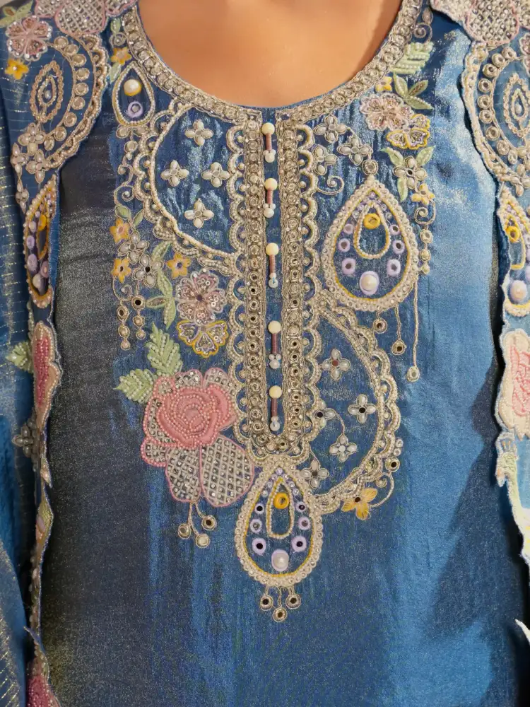 Royal Blue Heavy Embroidered Designer Kurta Sharara Set with Shrug Dupatta thumbnail 6