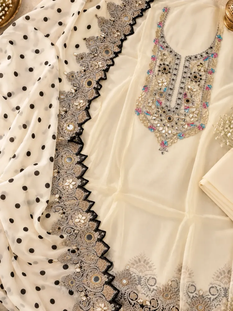 Cream Embroidered Tissue Organza Unstitched Suit-1