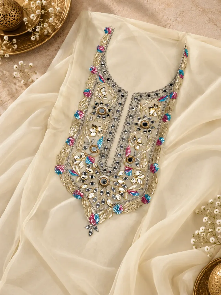 Cream Embroidered Tissue Organza Unstitched Suit-2