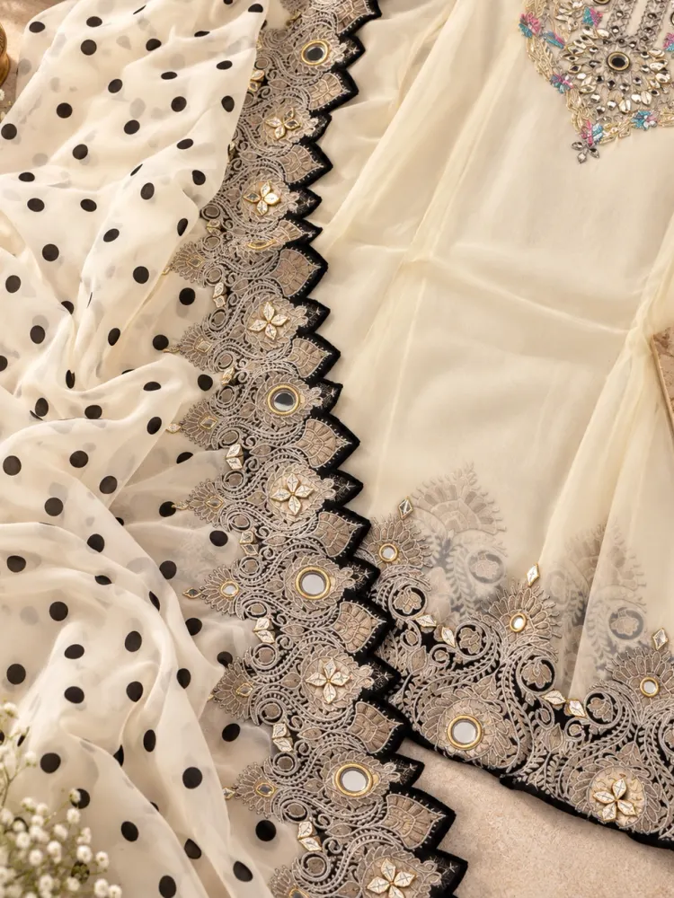 Cream Embroidered Tissue Organza Unstitched Suit-3