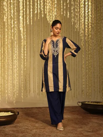 Navy Gold Striped Kurta Set-0