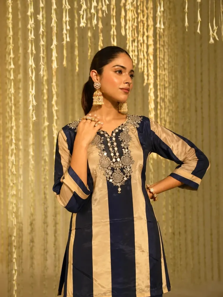 Navy Gold Striped Kurta Set-3