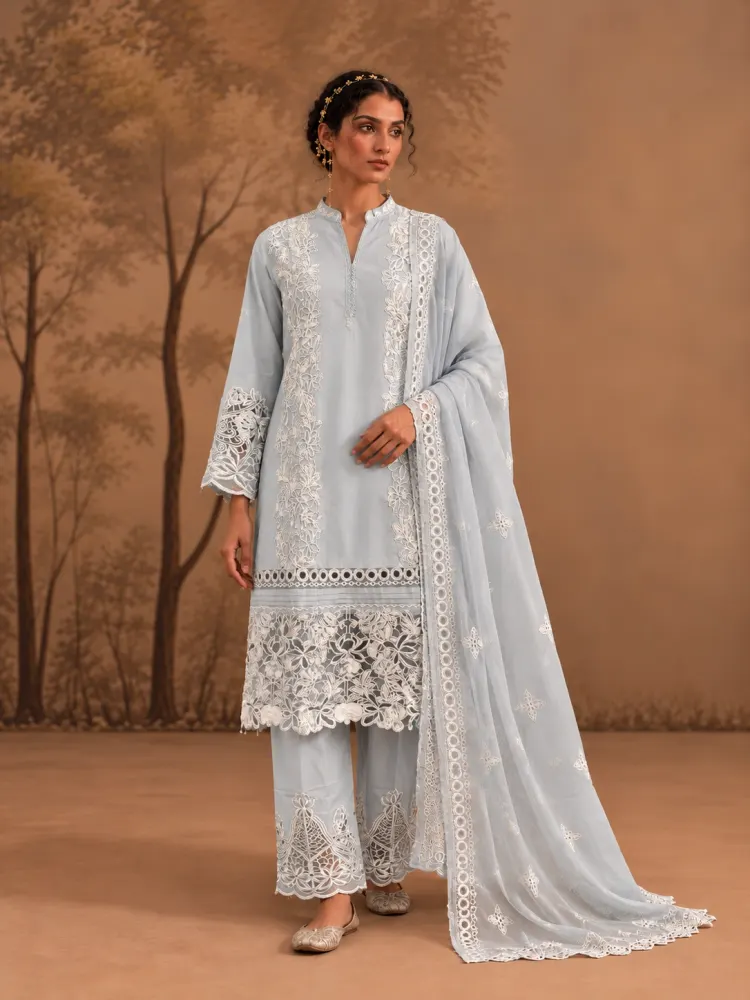 Women's Ice Blue Cotton Kurta Set-0