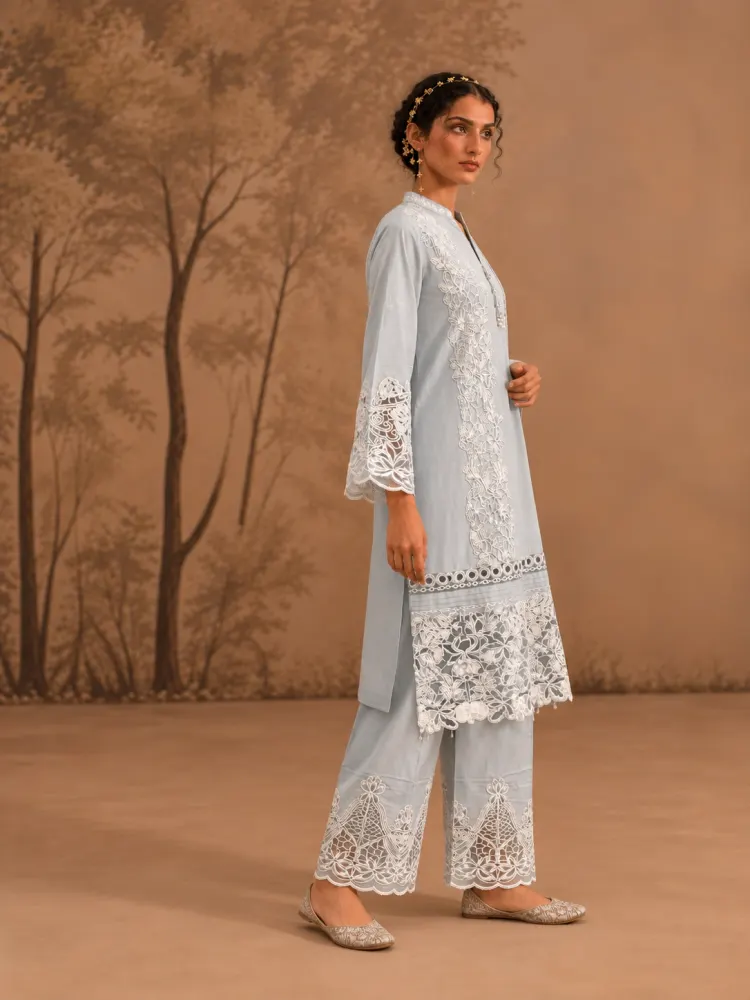 Women's Ice Blue Cotton Kurta Set-1