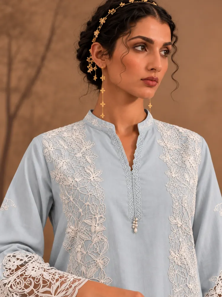 Women's Ice Blue Cotton Kurta Set-2