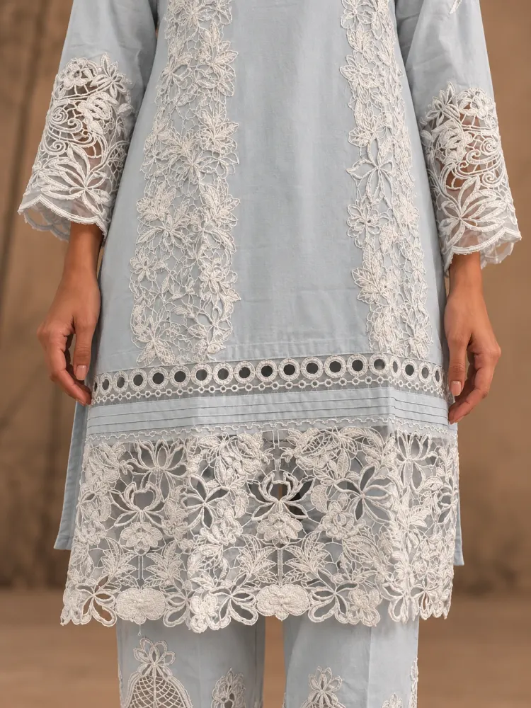 Women's Ice Blue Cotton Kurta Set-3