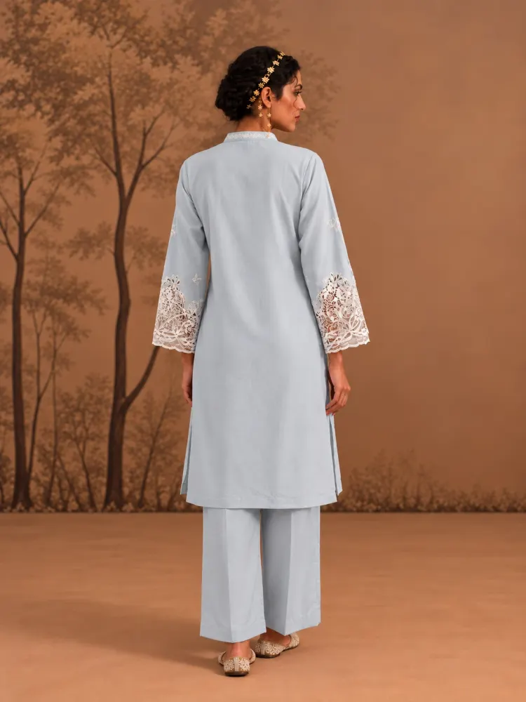 Women's Ice Blue Cotton Kurta Set-4