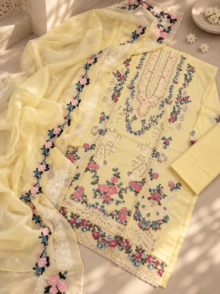 Pastel Yellow Floral Embroidered Unstitched Suit-0