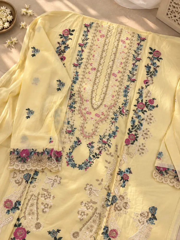 Pastel Yellow Floral Embroidered Unstitched Suit-1