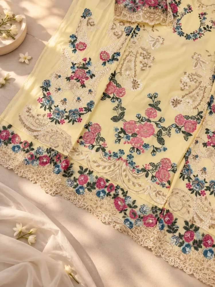 Pastel Yellow Floral Embroidered Unstitched Suit-2