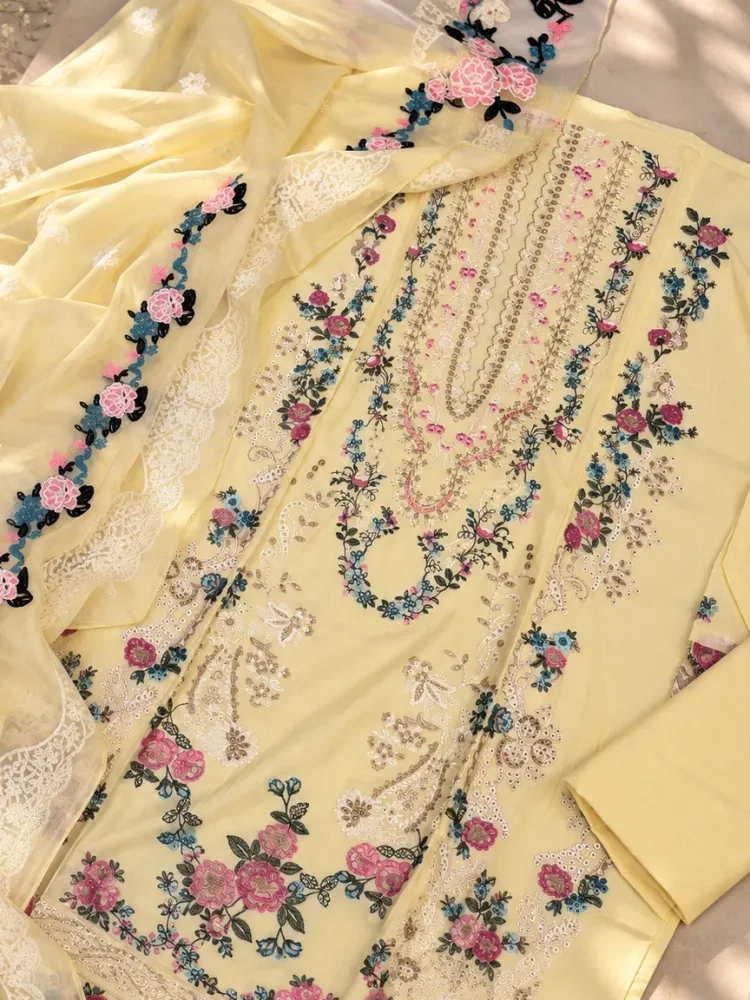 Pastel Yellow Floral Embroidered Unstitched Suit-3
