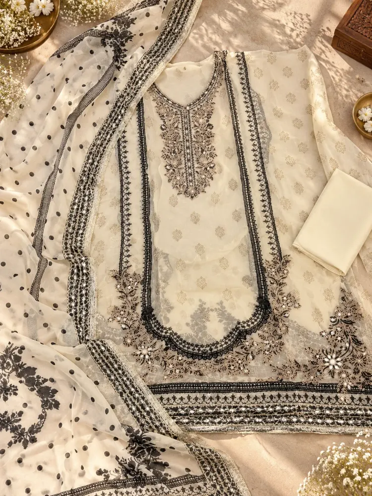 Cream Black Organza Unstitched Suit-0