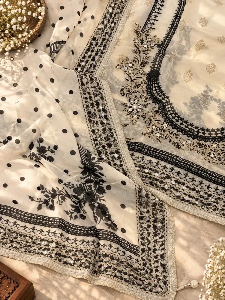 Cream Black Organza Unstitched Suit-1