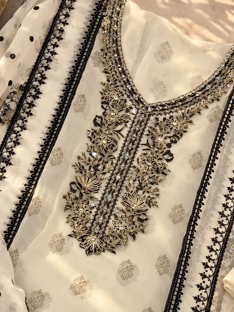 Cream Black Organza Unstitched Suit-2