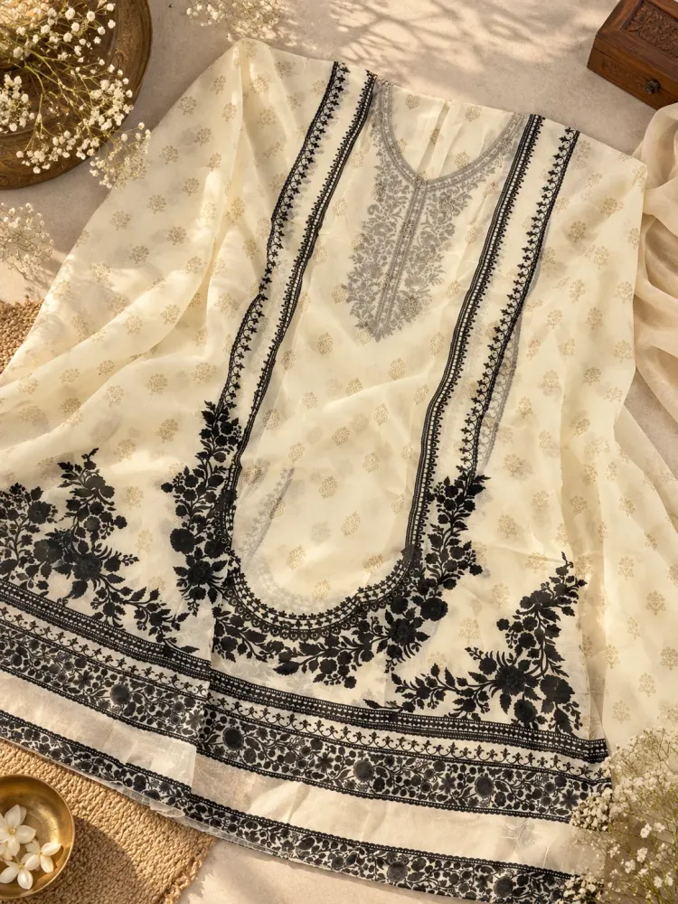 Cream Black Organza Unstitched Suit-3