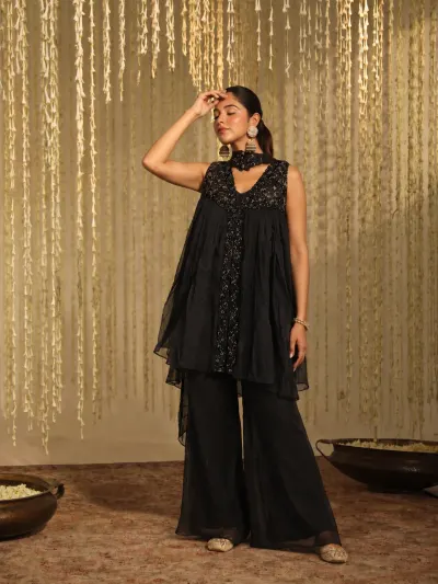 Black Party Wear Co-ord Set-0