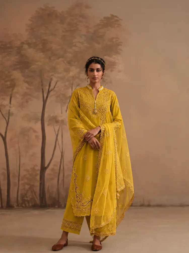Yellow Floral Embroidered Suit-0