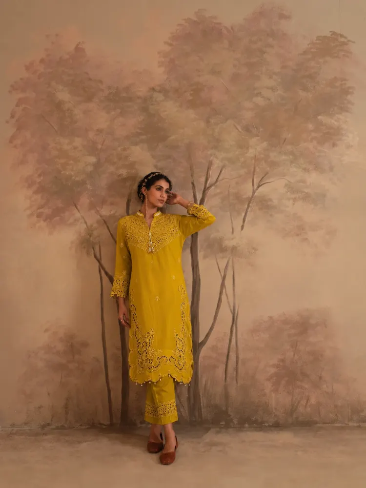 Yellow Floral Embroidered Suit-1
