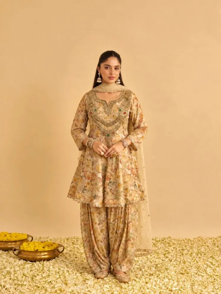 Gold Floral Print Kurta-1