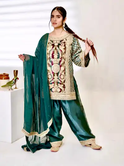 Dark Green Satin Silk Kurti with Patiala Salwar Set - 1