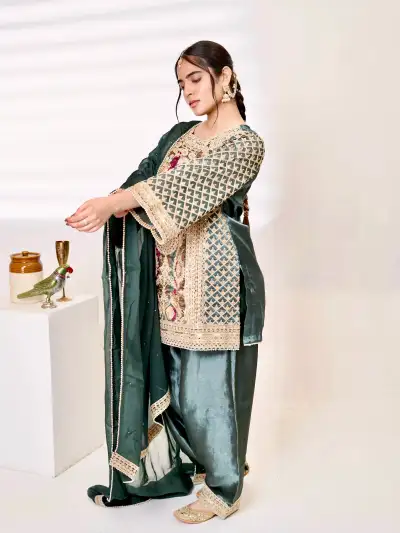 Dark Green Satin Silk Kurti with Patiala Salwar Set - 2