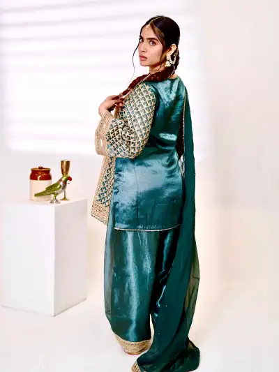 Dark Green Satin Silk Kurti with Patiala Salwar Set - 3