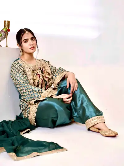 Dark Green Satin Silk Kurti with Patiala Salwar Set - 4