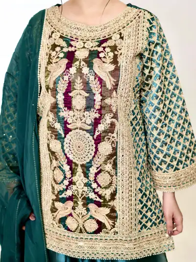 Dark Green Satin Silk Kurti with Patiala Salwar Set - 6