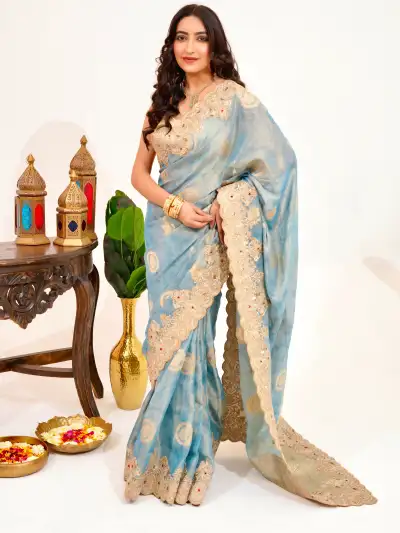 Powder Blue Pure Banarasi Silk Saree - collection image