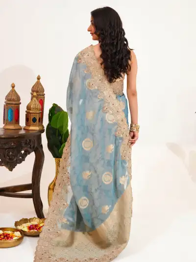 Powder Blue Pure Banarasi Silk Saree - 2