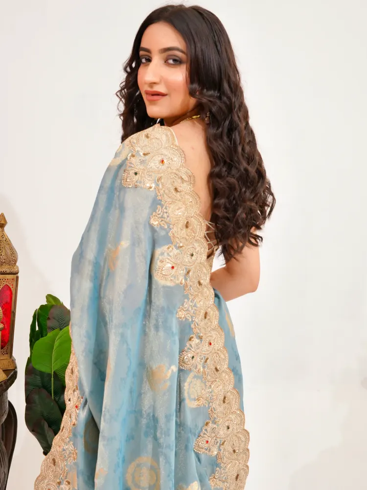 Blue Designer Banarasi Kundan Saree-2