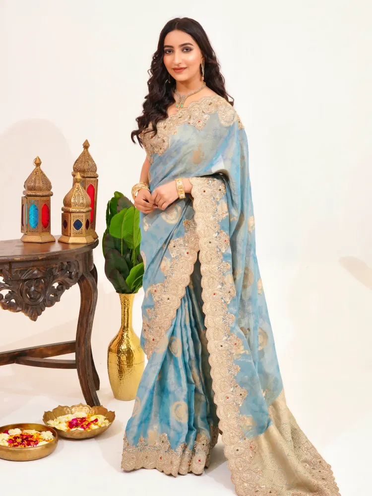 Blue Designer Banarasi Kundan Saree-3