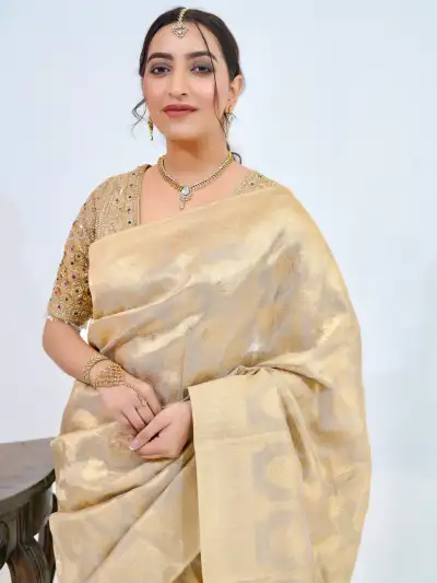 Antique Gold Banarasi Silk Saree with Blouse - 2